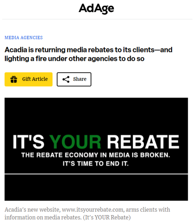 AdAge: Acadia Is Returning Media Rebates to Its Clients—And Lighting a Fire Under Other Agencies to Do So →